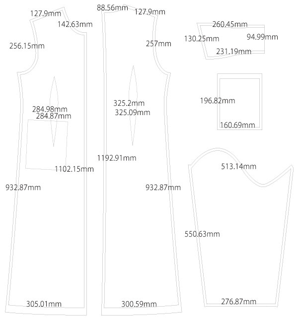 フラットカラーの超ロングコート 製図 詳細サイズ