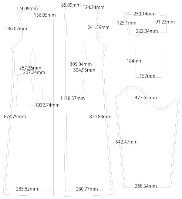 フラットカラーの超ロングコート 製図 詳細サイズ