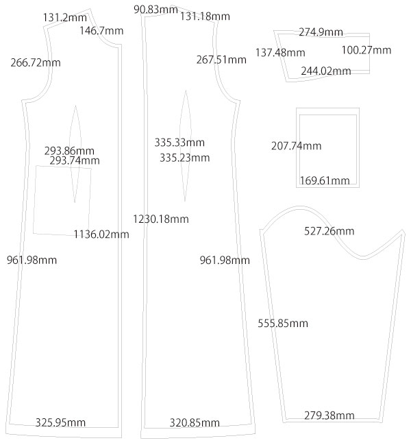 フラットカラーの超ロングコート　製図　詳細サイズ