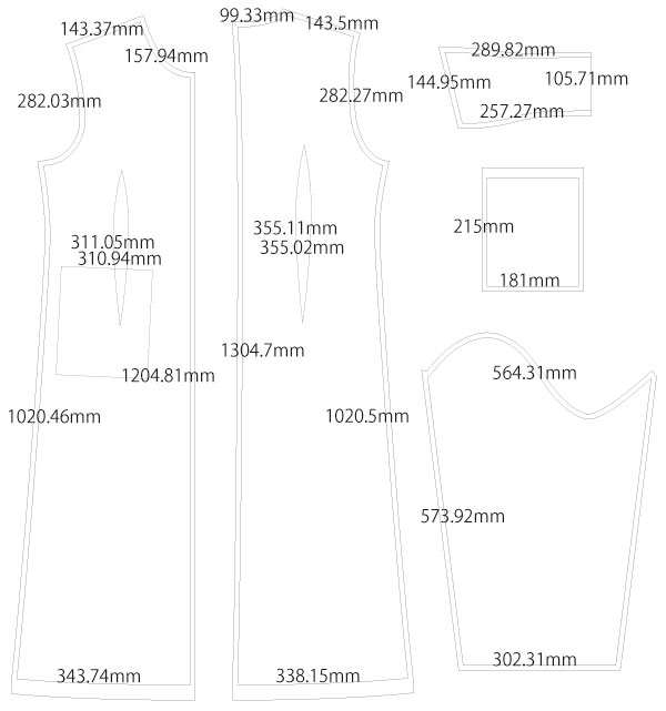 フラットカラーの超ロングコート　製図　詳細サイズ